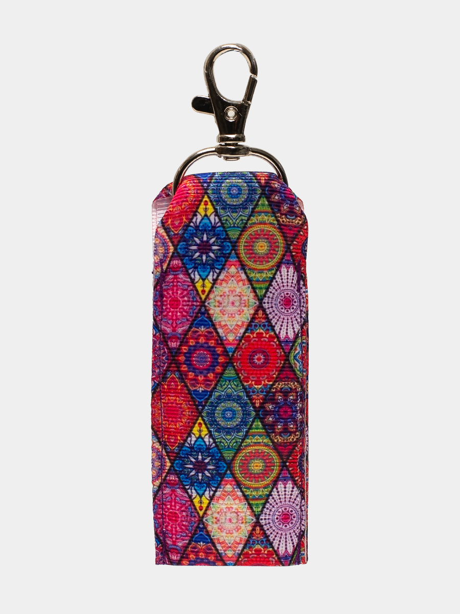 upcycled Colorful geometric patterned keychain  on a white background