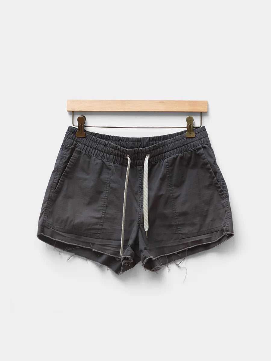 front view vuori womens vintage riptstop shorts in Charcoal
