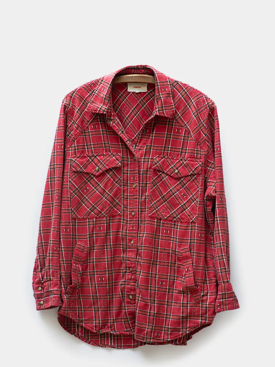 Front view of Xirena Red Stone Sierra Button Down Shirt with Pockets 