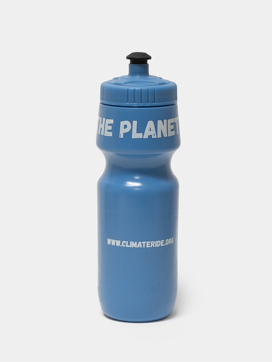 Blue water bottle with 'Planet' and 'www.climateride.org' text on a white background