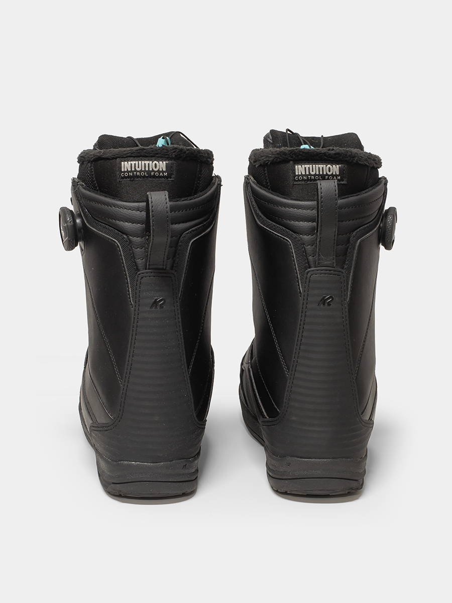 Black boots with 'Intuition' branding on a white background