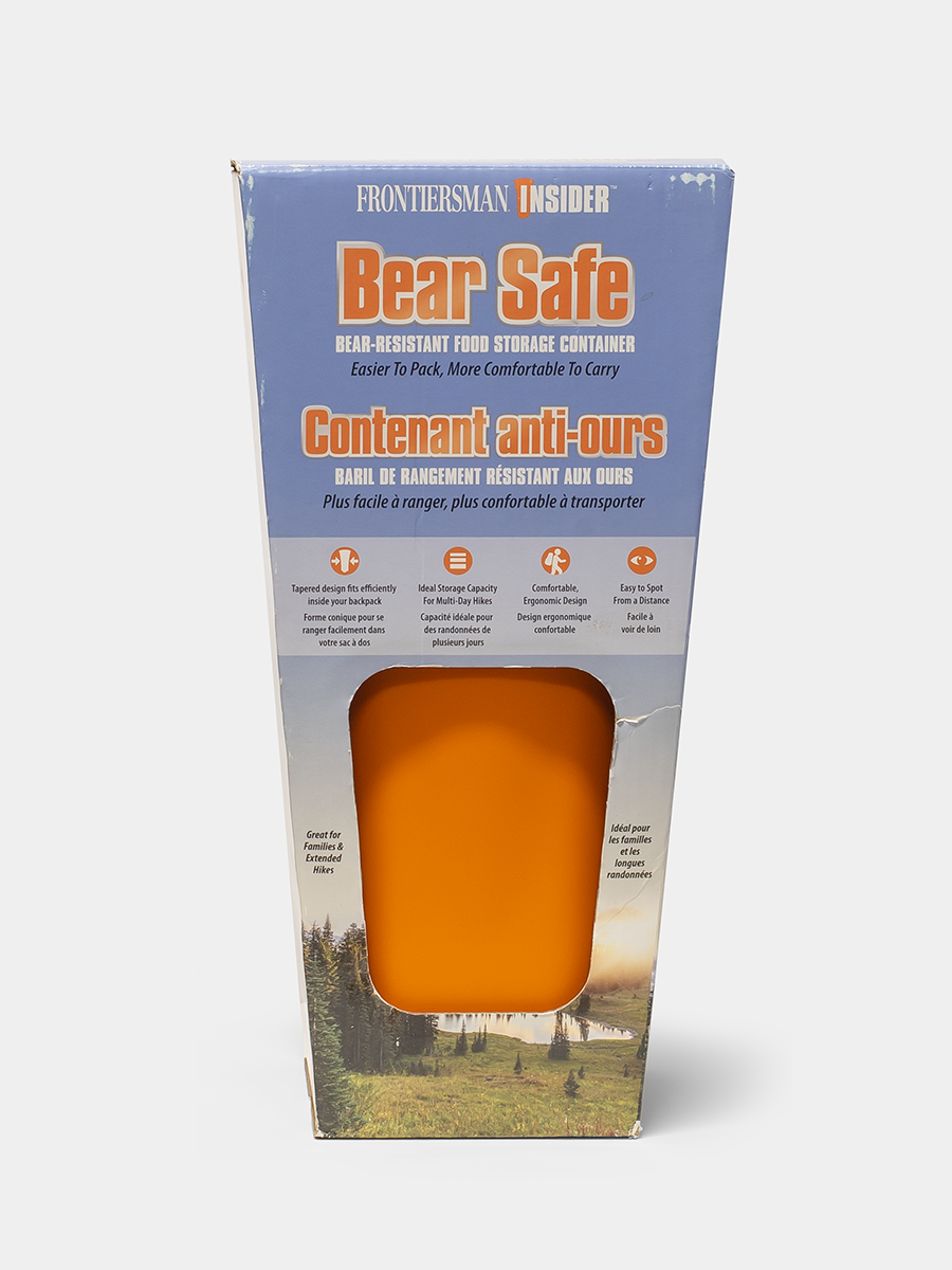 Bear safe container packaging with orange container and blue lid on a white background