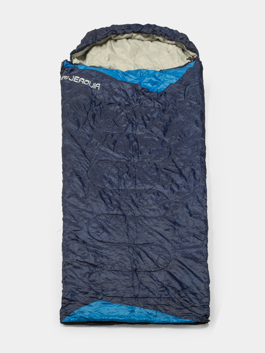 Blue and gray sleeping bag with brand logo on a white background