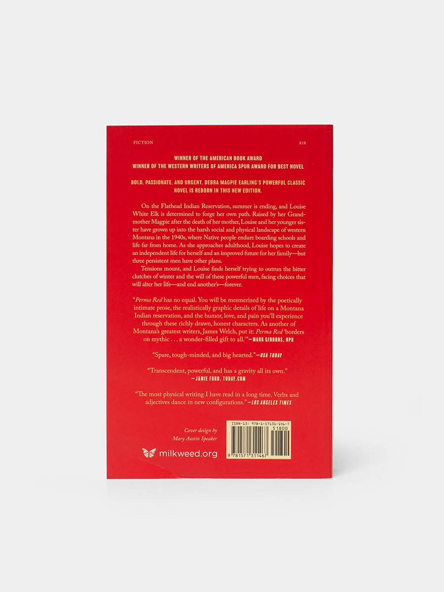 Red book back cover of Perma Red with text and a barcode on a white background