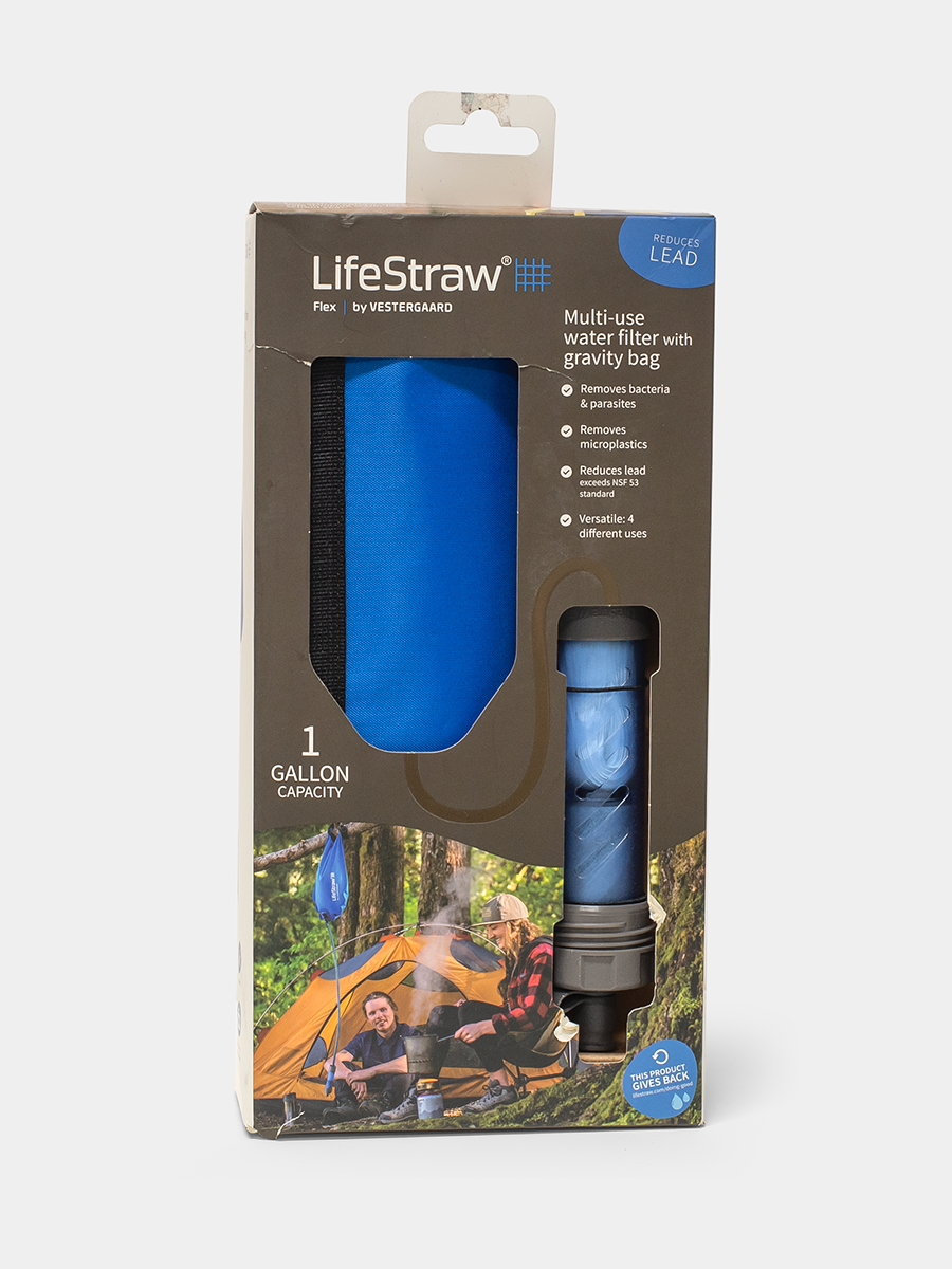 LifeStraw multi-use water filter with gravity bag packaging on a white background