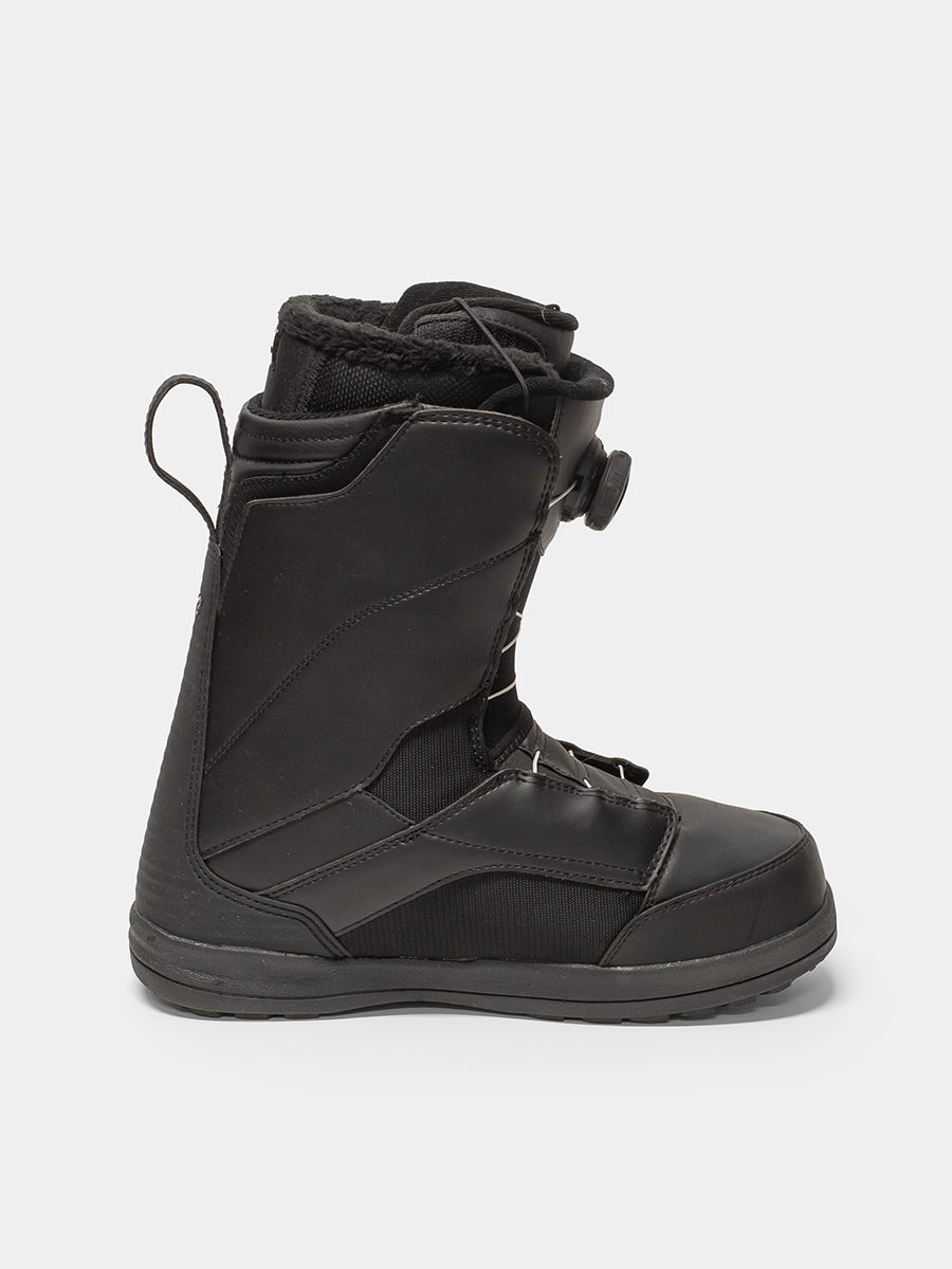 Black snowboard boot on a white background