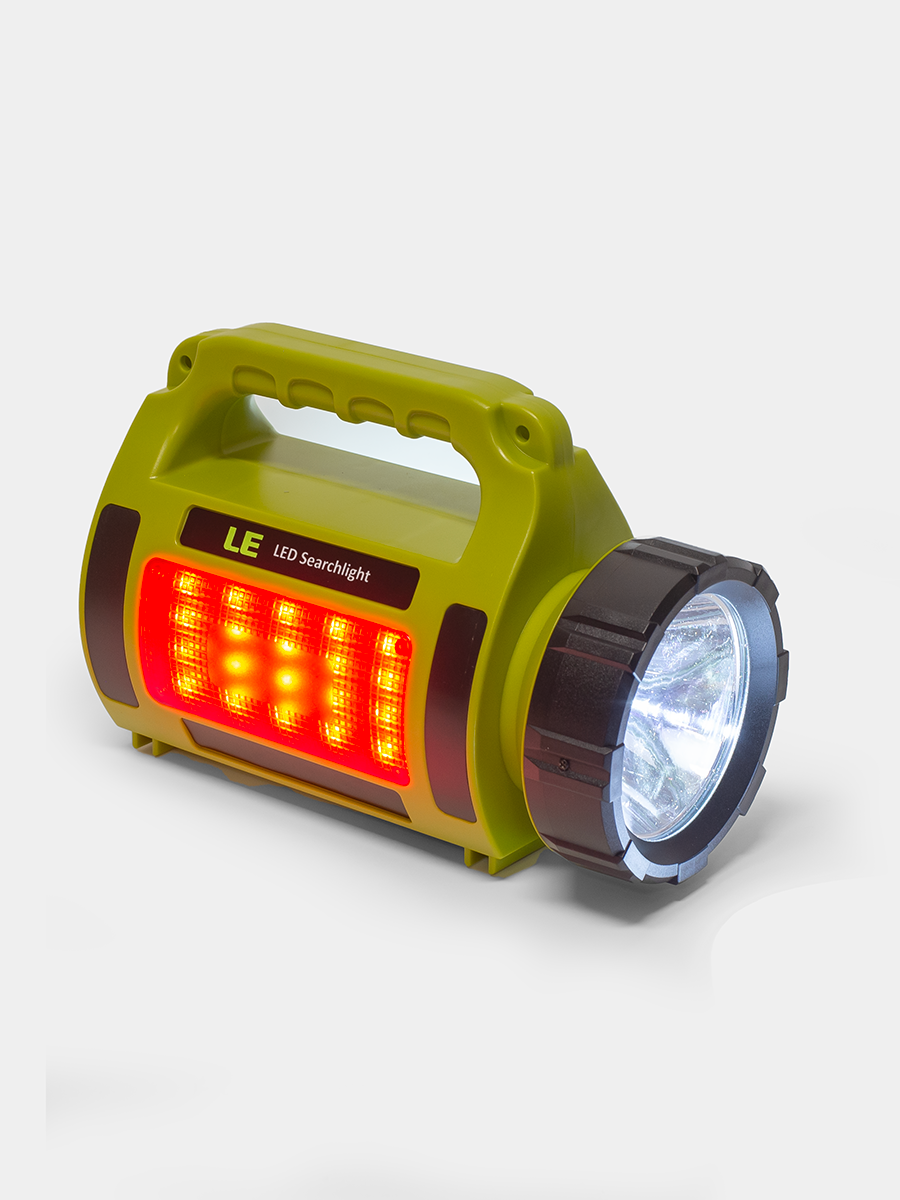 Green LED searchlight with red and white lights on a light gray background