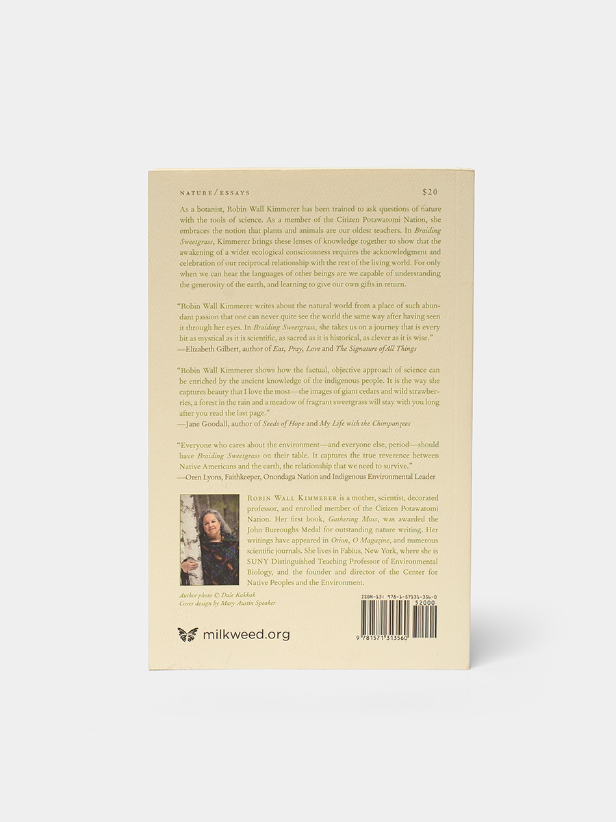 Back cover of a book with text and a photo of a person on a beige background