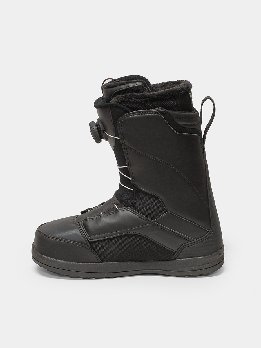 Black snowboard boot on a white background