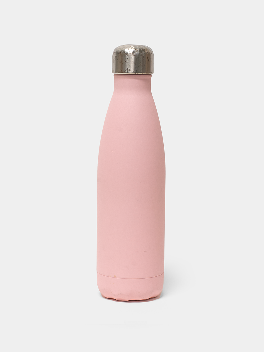 Pink insulated bottle with silver cap on a white background