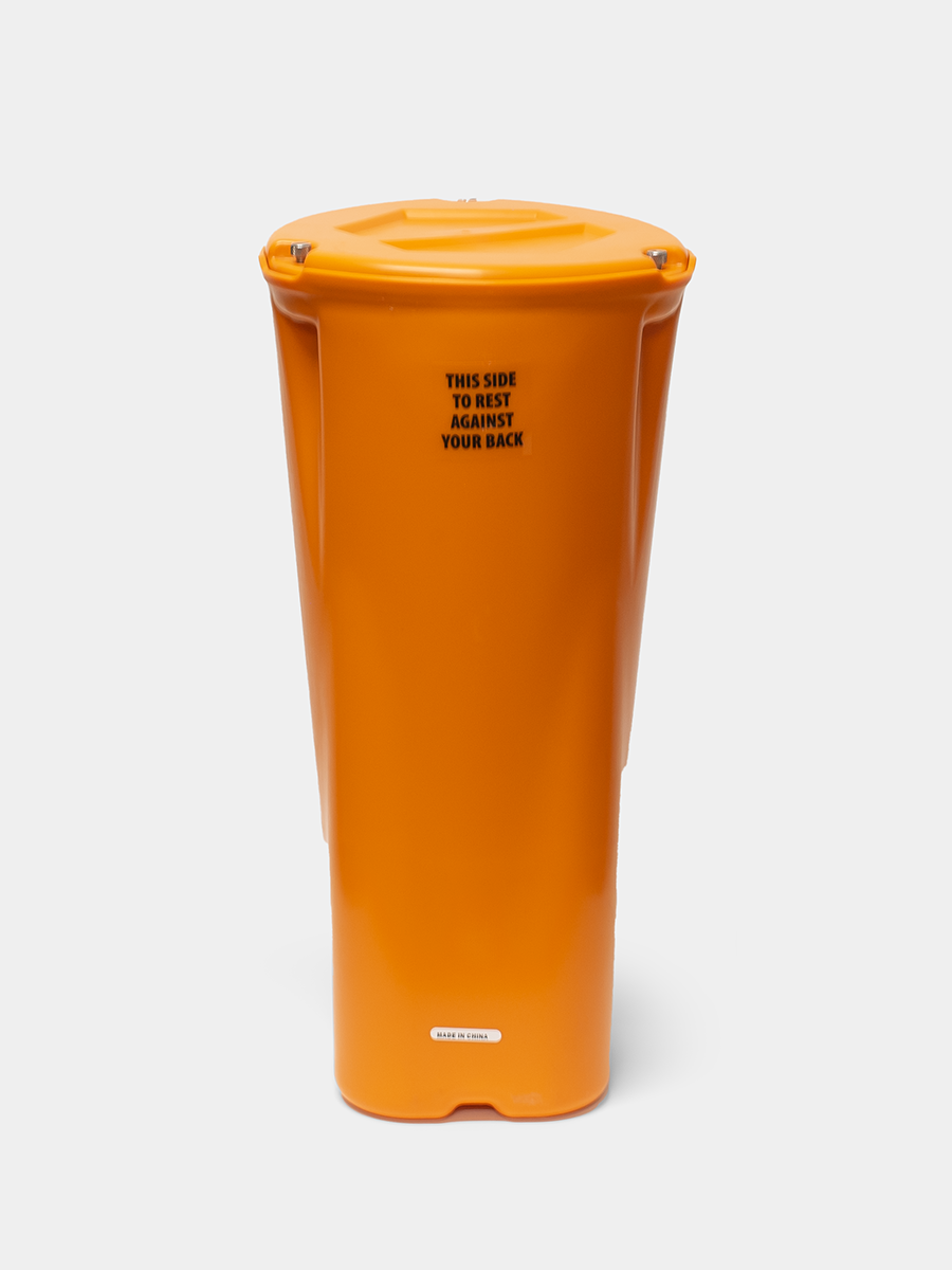 Orange bin with text on a white background