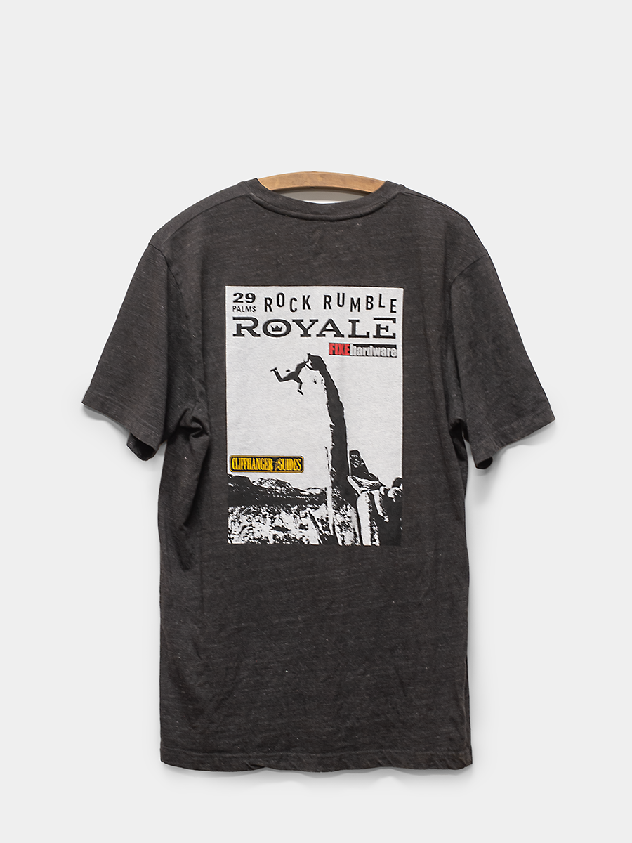 Dark gray t-shirt with graphic design on a white background