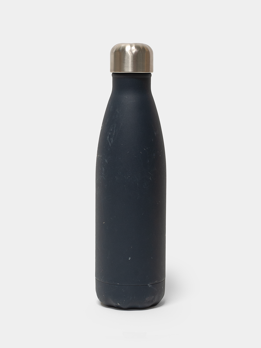 Black water bottle with a silver cap on a white background