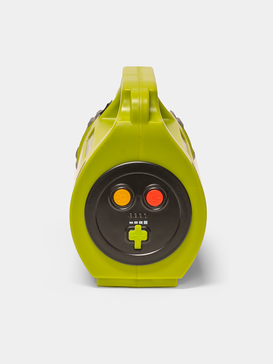 Green toy-like device with control panel on a white background