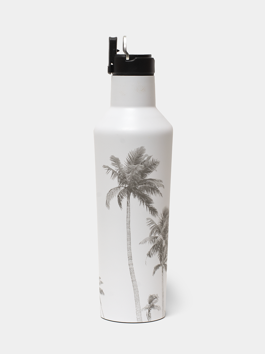 White water bottle with palm tree design on a white background