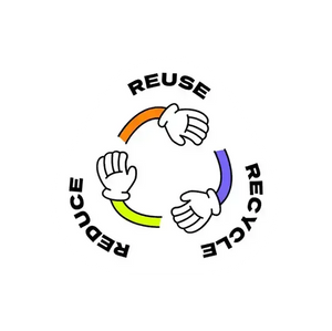 white triangle with reuse, recycle, reduce in black text and a blue, orange, and neon yellow mascot arms with white gloves forming an inner triangle