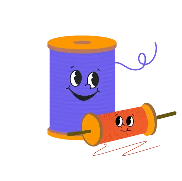 blue spool of thread with mascot smiley face and orange spool of thread with mascot smiley face