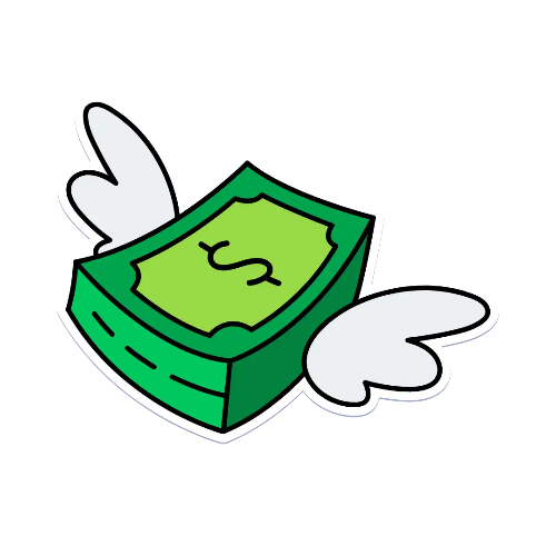 a floating green money mascot with 
 white wings