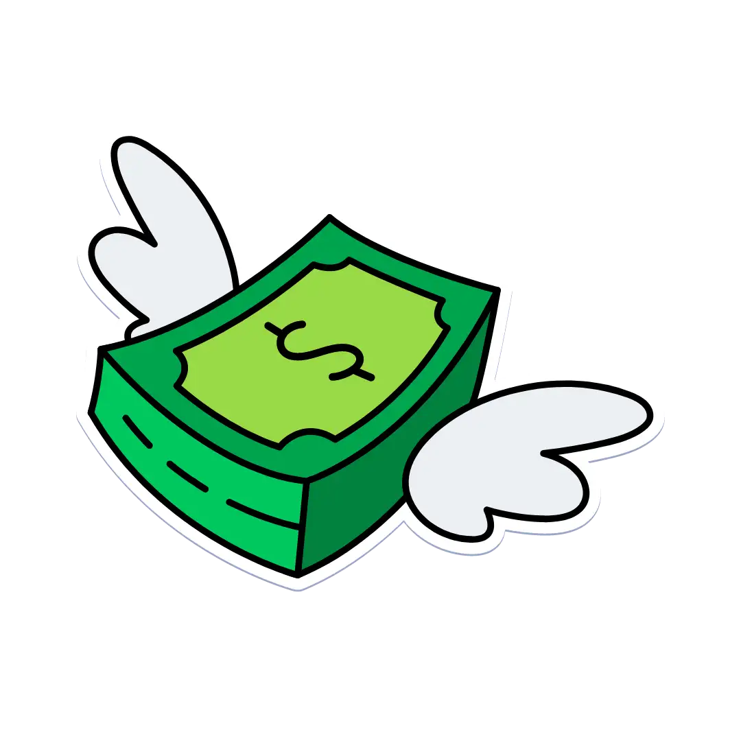 a floating green money mascot with 
 white wings