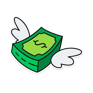 a floating green money mascot with 
 white wings