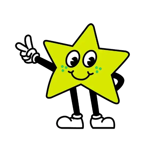 yellow star mascot holding up two fingers