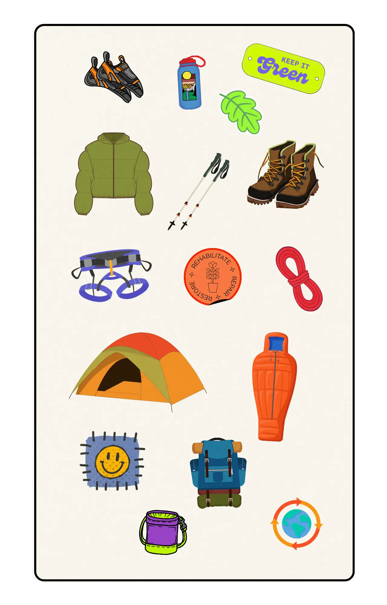colorful assortment of outdoor gear stickers on white background